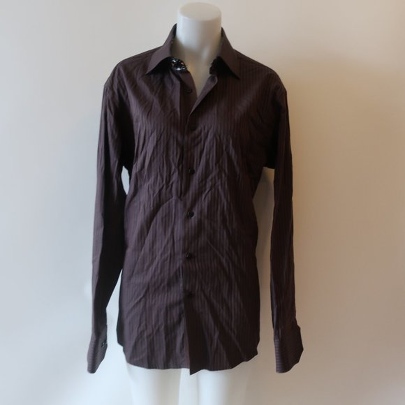 MENS BLU BY POLIFRONI BROWN BLACK STRIPED BUTTON DRESS SHIRT L * - Picture 1 of 11